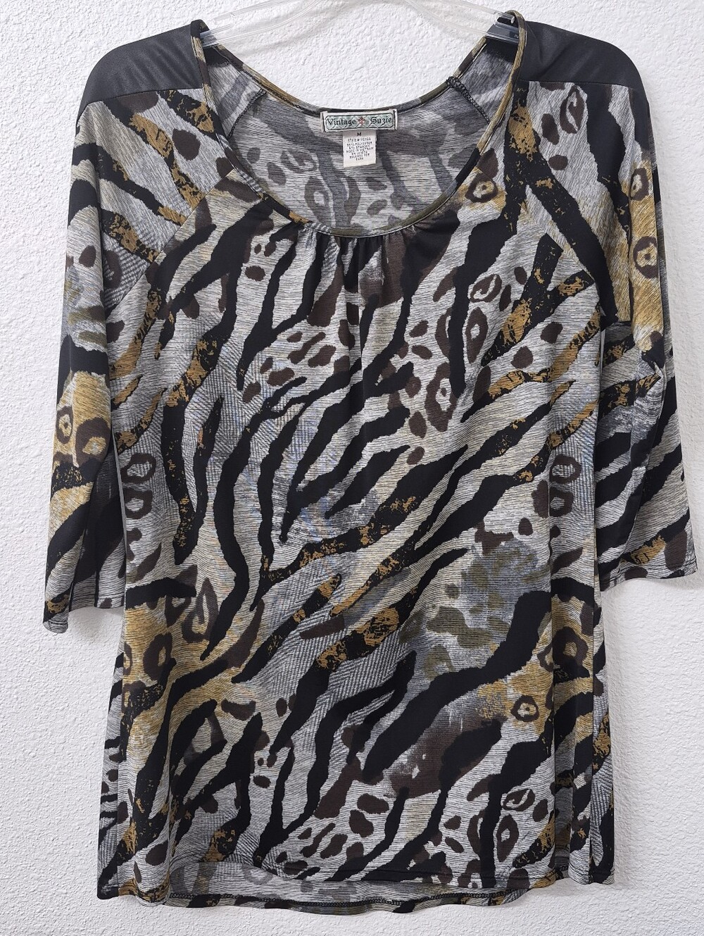Vintage Suzie Black, Gray and Gold Animal-Print Raglan Top